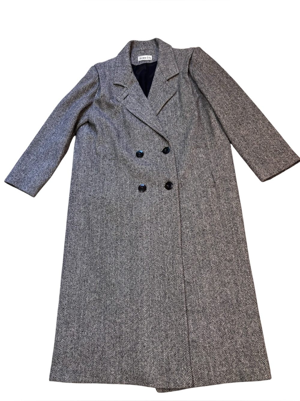 Vintage Herman Kay Wool-Blend Herringbone Double-Breasted Long Coat - Gray sz 14